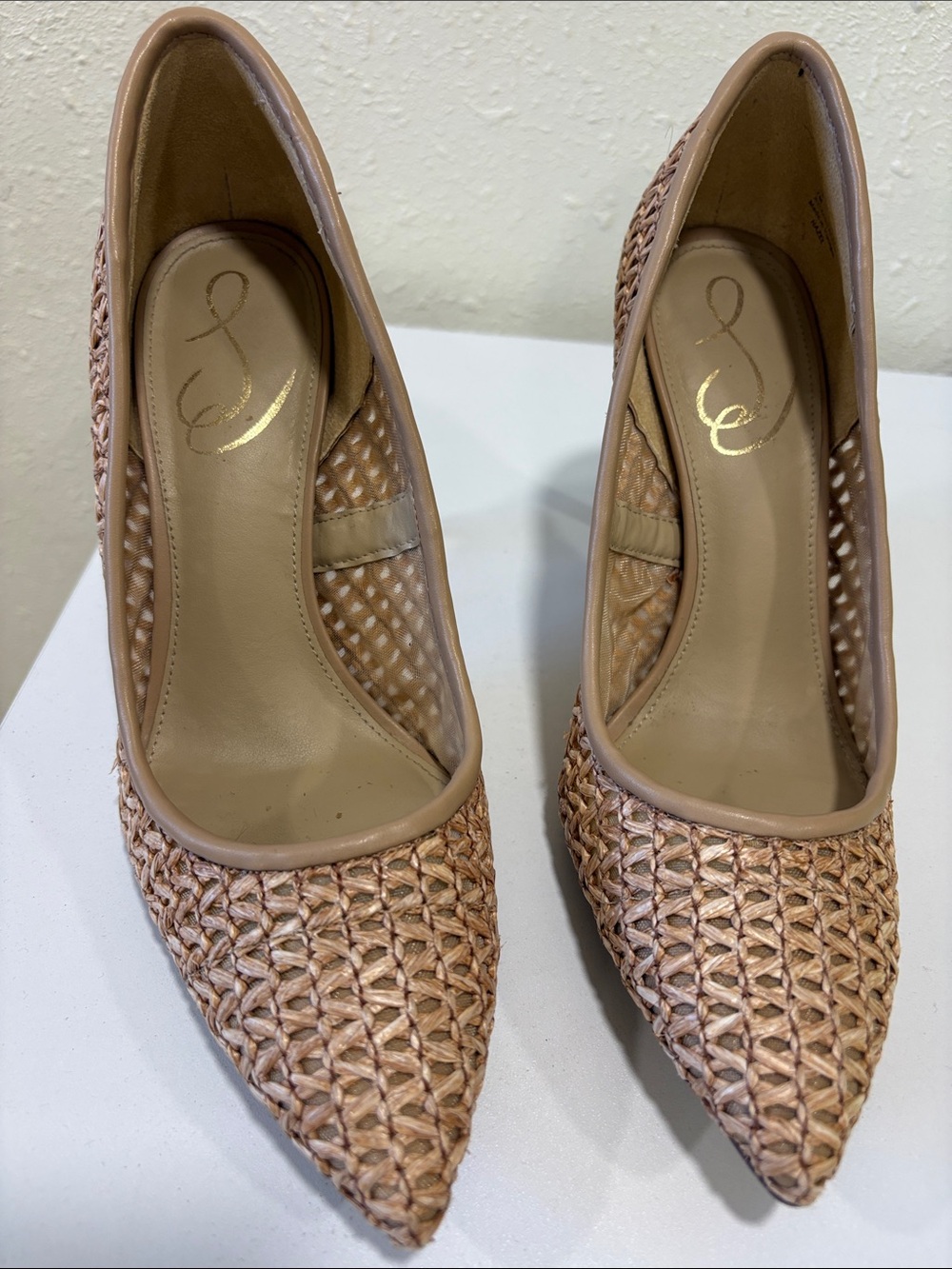 Sam Edelman Hazel Raffia Pointed-Toe Pumps in Tan